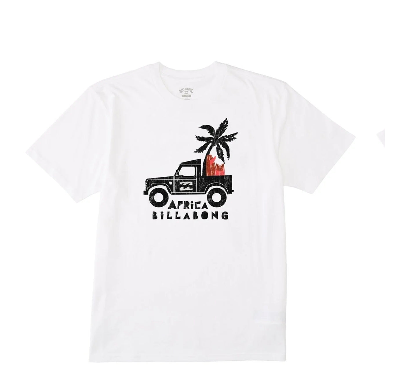 White t-shirt with a graphic of a car, palm tree, and 'Africa Billabong' text on a white background
