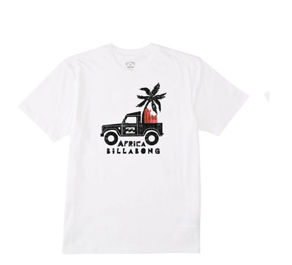 White t-shirt with a graphic of a car, palm tree, and 'Africa Billabong' text on a white background