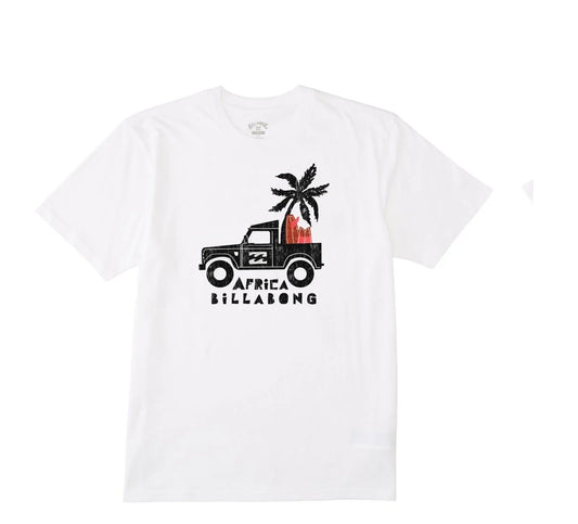White t-shirt with a graphic of a car, palm tree, and 'Africa Billabong' text on a white background