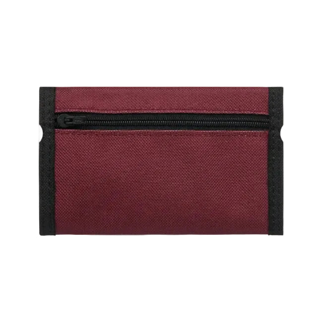 Maroon pouch with a black zipper on a white background