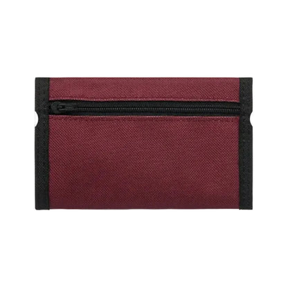 Maroon pouch with a black zipper on a white background