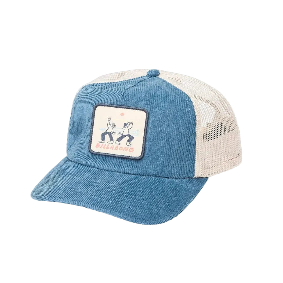 Blue and white cap with a patch featuring dancing figures and text on a white background