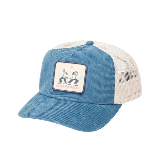 Blue and white cap with a patch featuring dancing figures and text on a white background