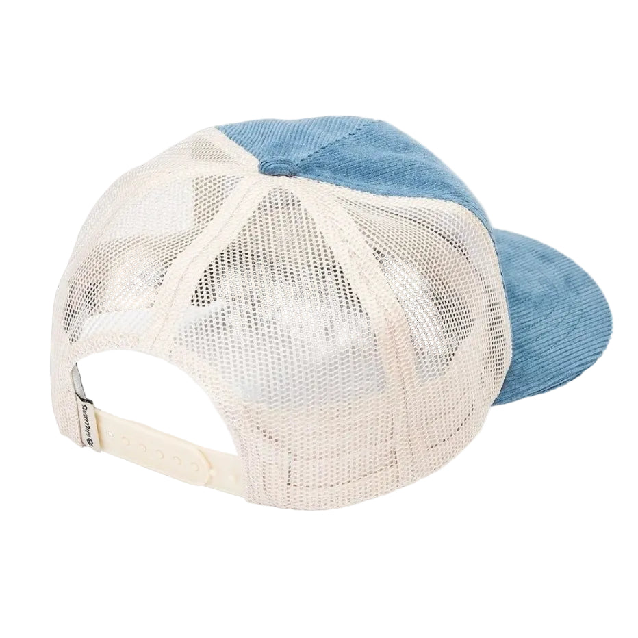 Blue and beige mesh cap on a white background