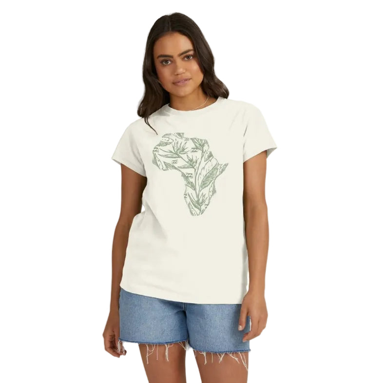 Woman wearing a white t-shirt with a green leaf design on a white background