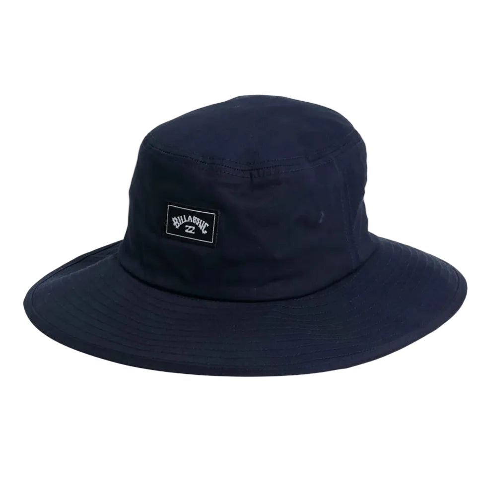 Navy blue bucket hat with a brand logo on a white background