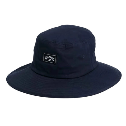Navy blue bucket hat with a brand logo on a white background