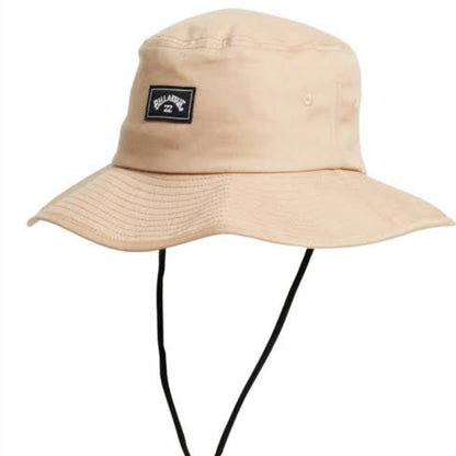 Beige bucket hat with a logo on a white background