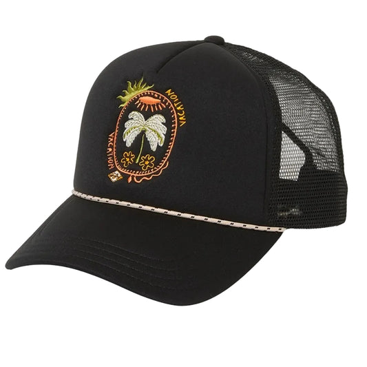 Black trucker cap with embroidered design on a white background