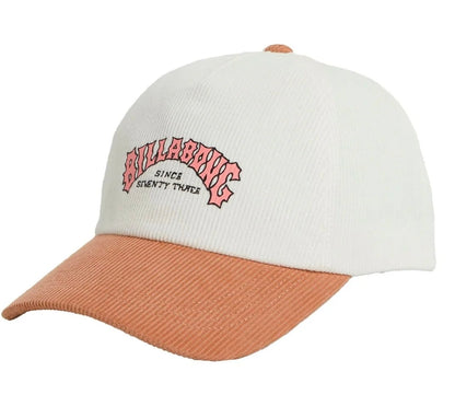 White and brown cap with 'Billabong' logo on a white background