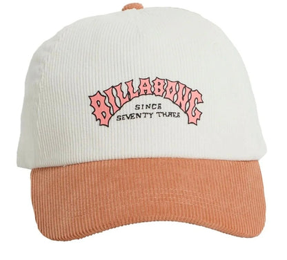 White and brown cap with 'Billabong Since Seventy Three' text on a white background