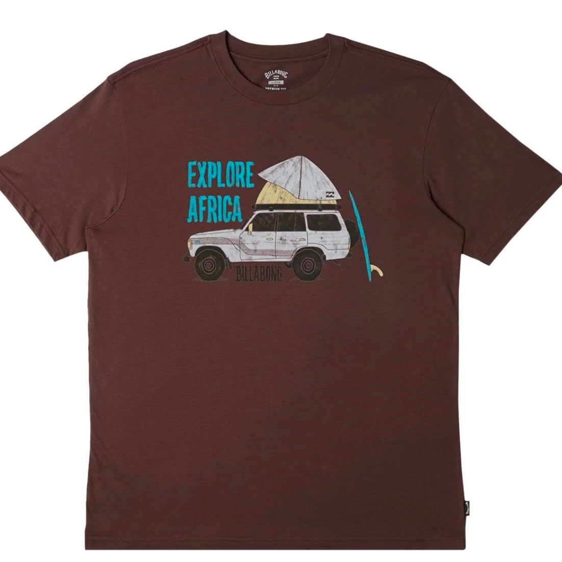 Brown t-shirt with 'Explore Africa' graphic on a white background