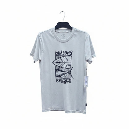 White t-shirt with black graphic design on a hanger against a geometric-patterned wall.