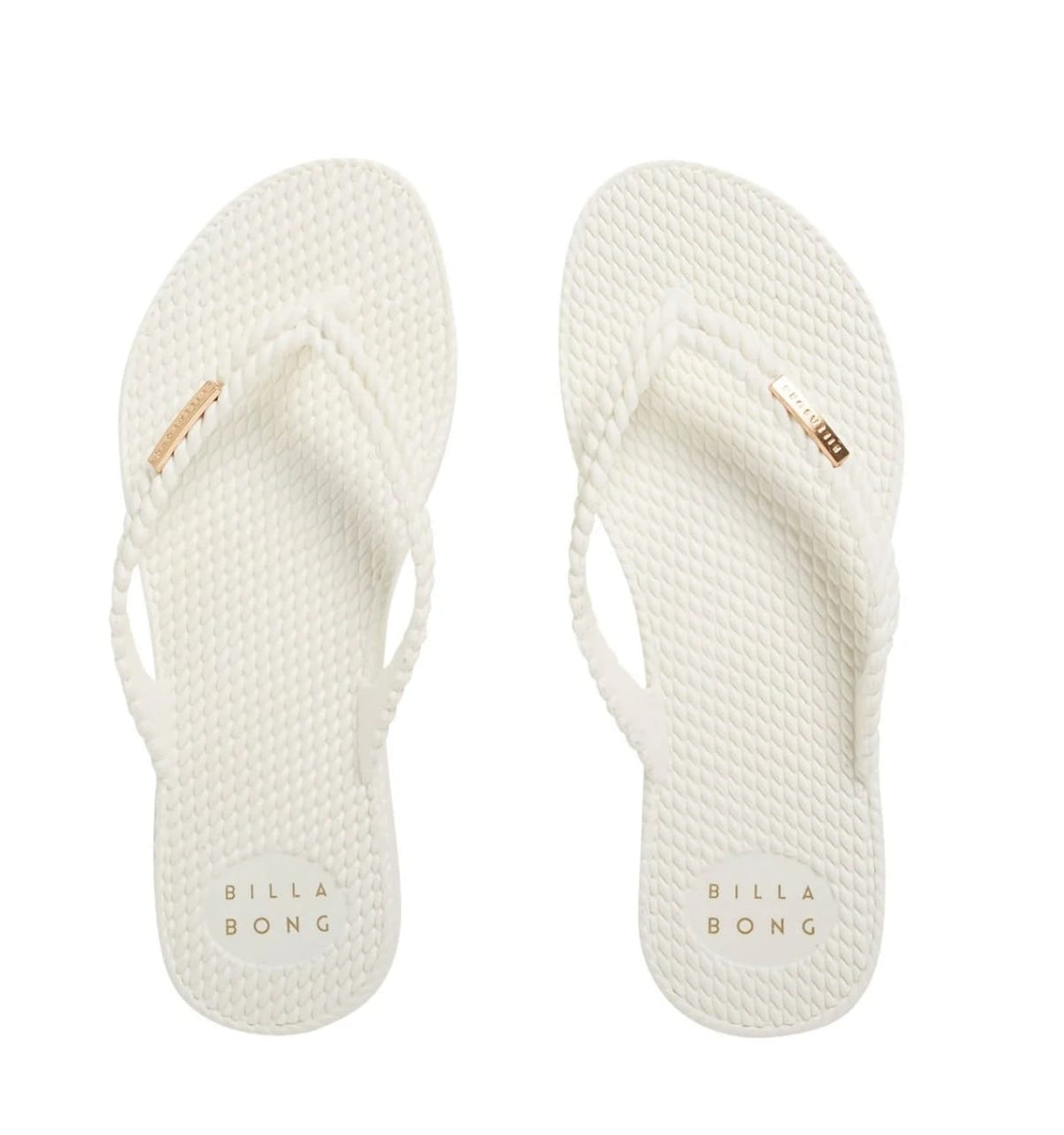 White flip-flops with 'Billabong' branding on a white background