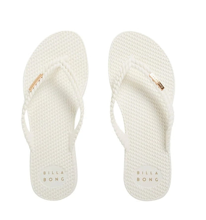 White flip-flops with 'Billabong' branding on a white background