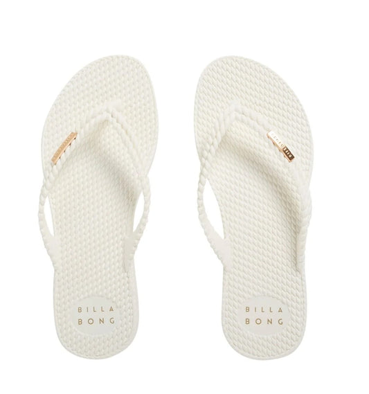 White flip-flops with 'Billabong' branding on a white background
