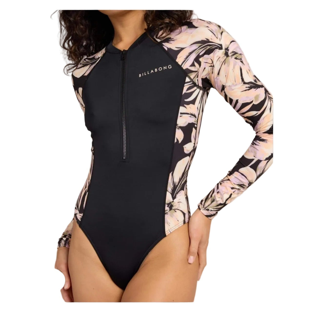 Black and floral long-sleeve swimsuit with 'Billabong' branding on a neutral background