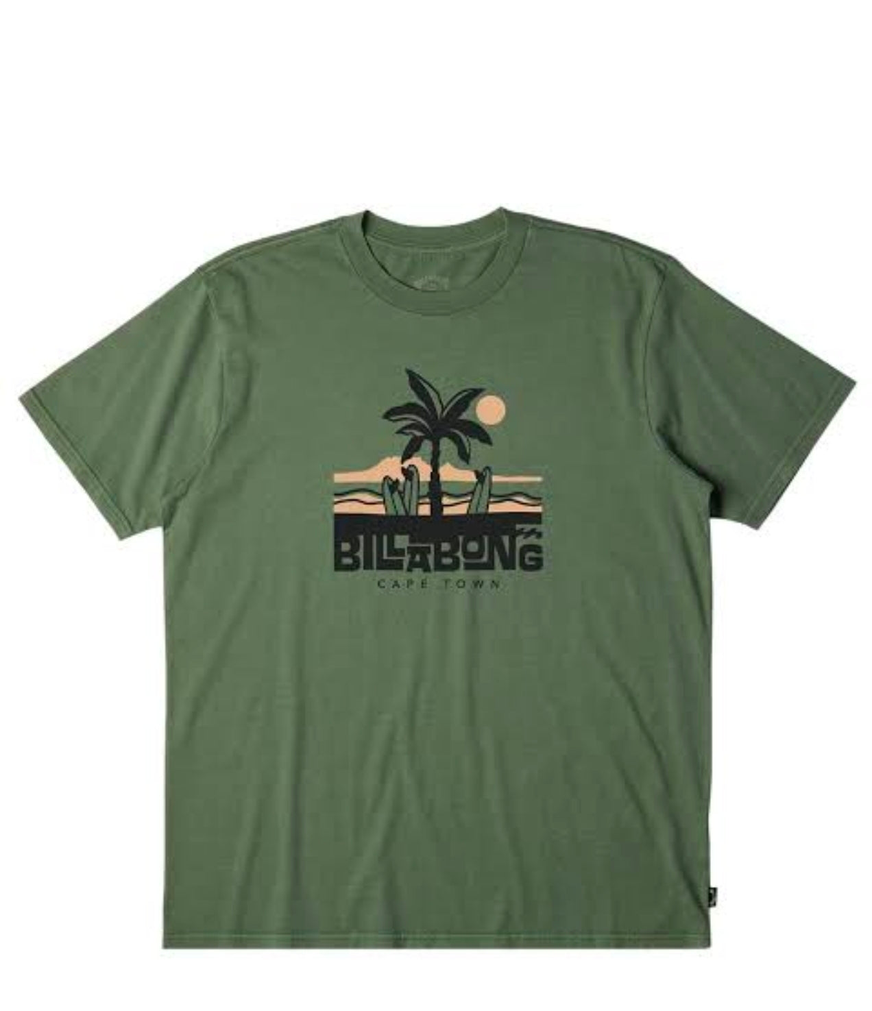Green t-shirt with Billabong palm tree design on a white background