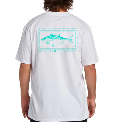 Person wearing a white t-shirt with a blue graphic design on the back, featuring text and a fish illustration.