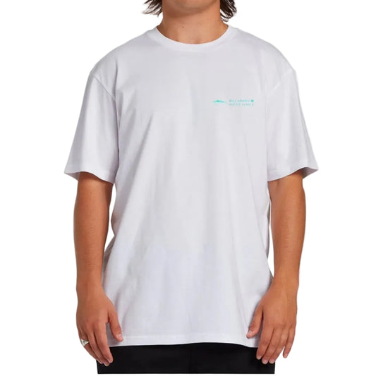 Person wearing a white t-shirt with a logo on a white background