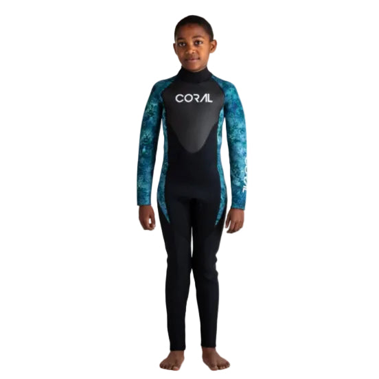 Child wearing a black and blue wetsuit with 'Coral' branding on a white background
