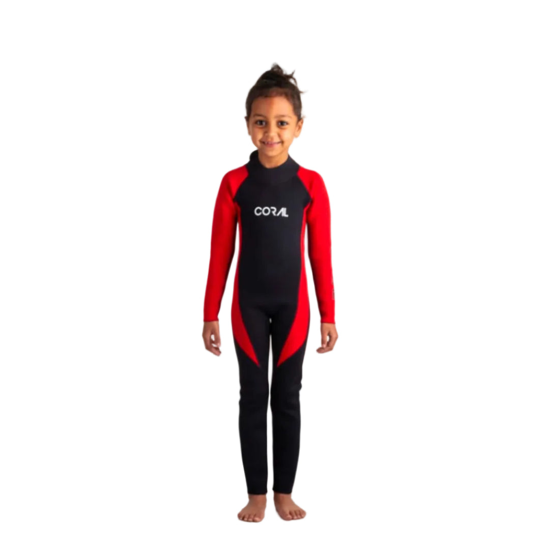 Child wearing a red and black wetsuit with 'Cova' branding on a white background