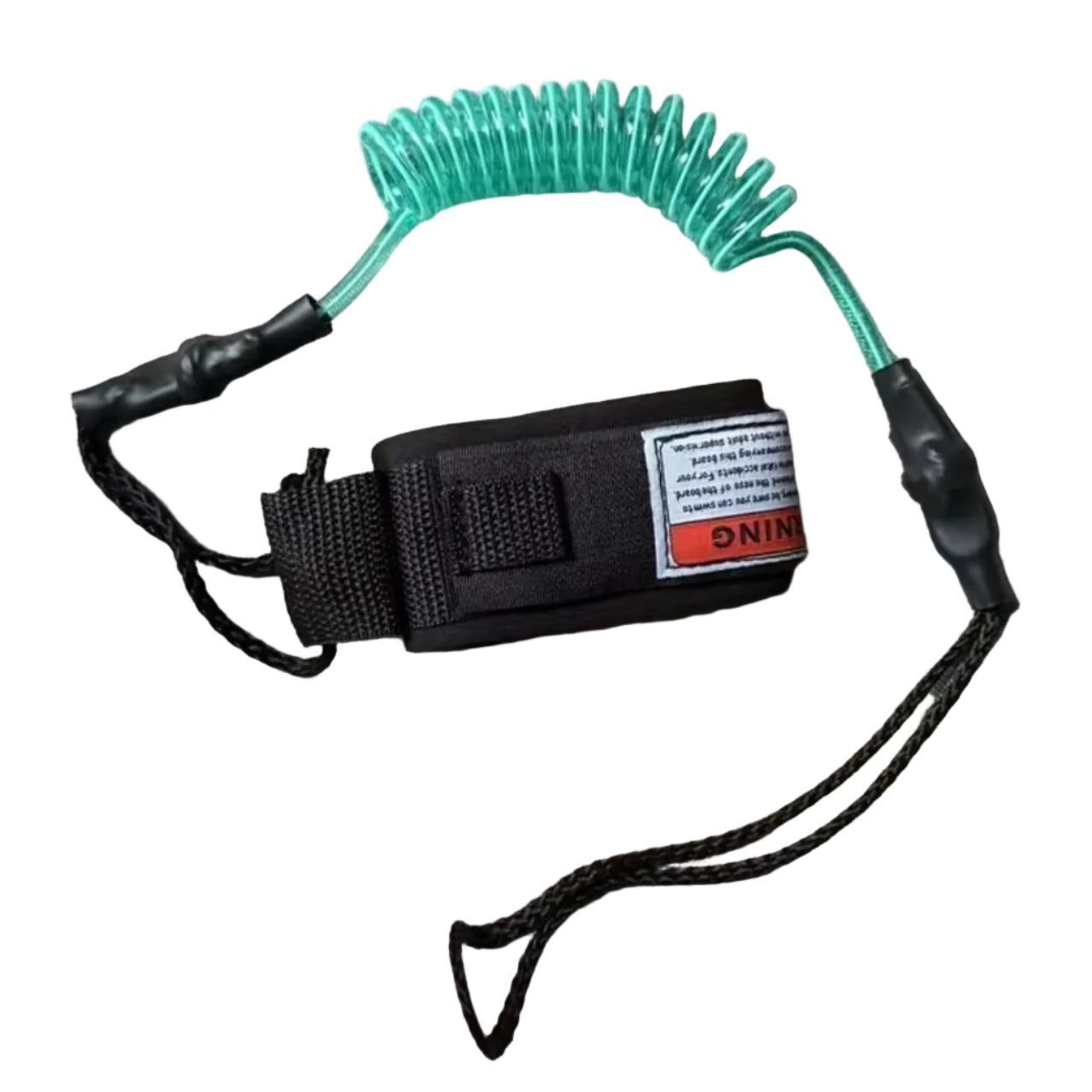 Black device with a green coiled cable on a gray fabric background