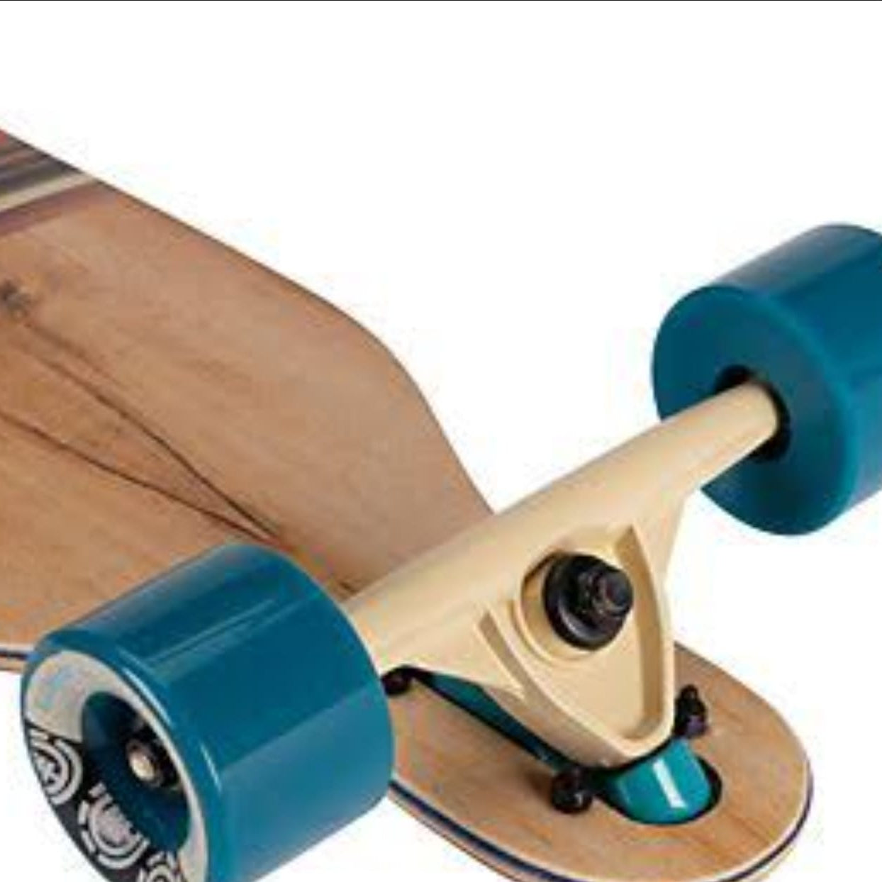 Close-up of a skateboard with blue wheels on a white background