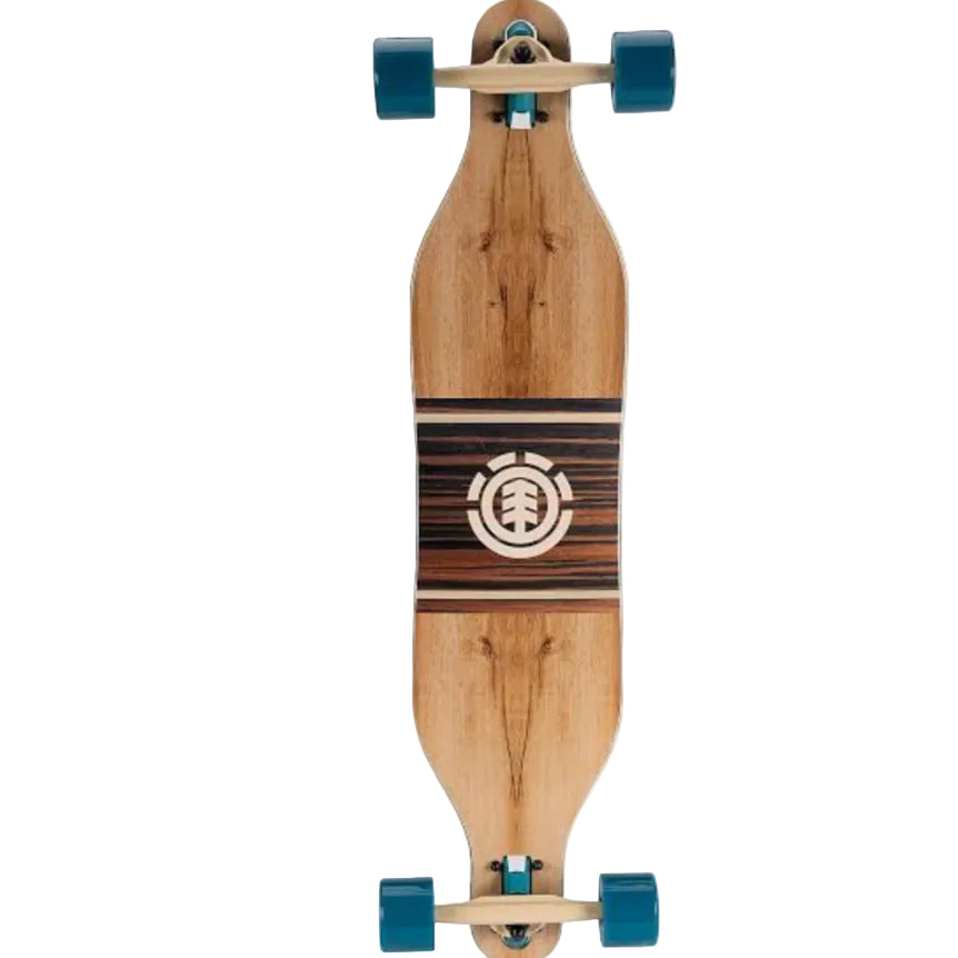 Wooden skateboard with blue wheels on a white background