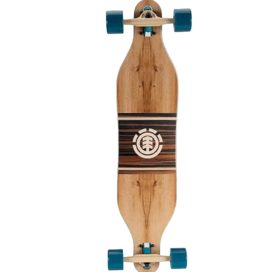Wooden skateboard with blue wheels on a white background