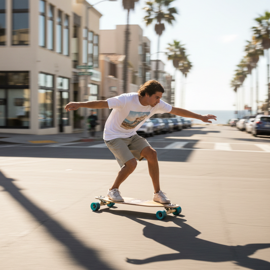 Person skateboarding on a city street with palm trees and buildings in the background