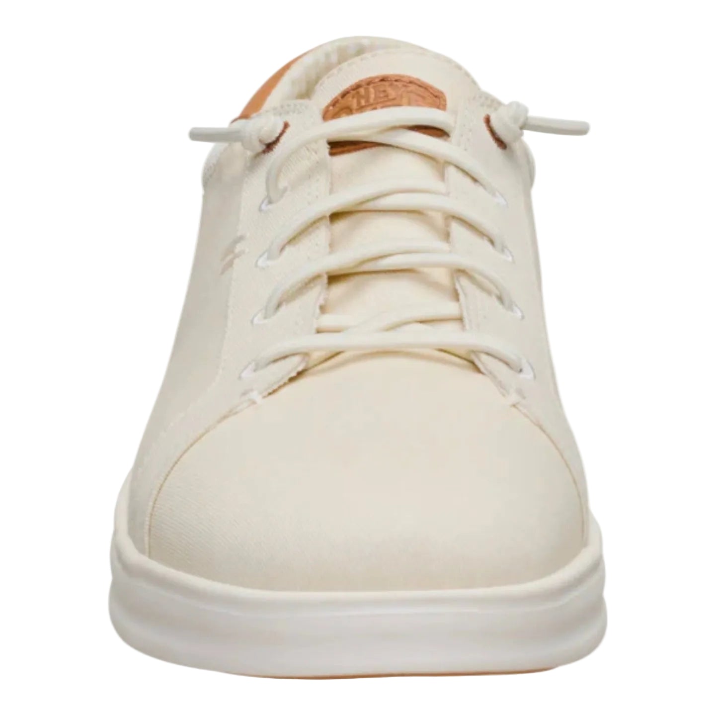 White sneaker with brown accents on a white background