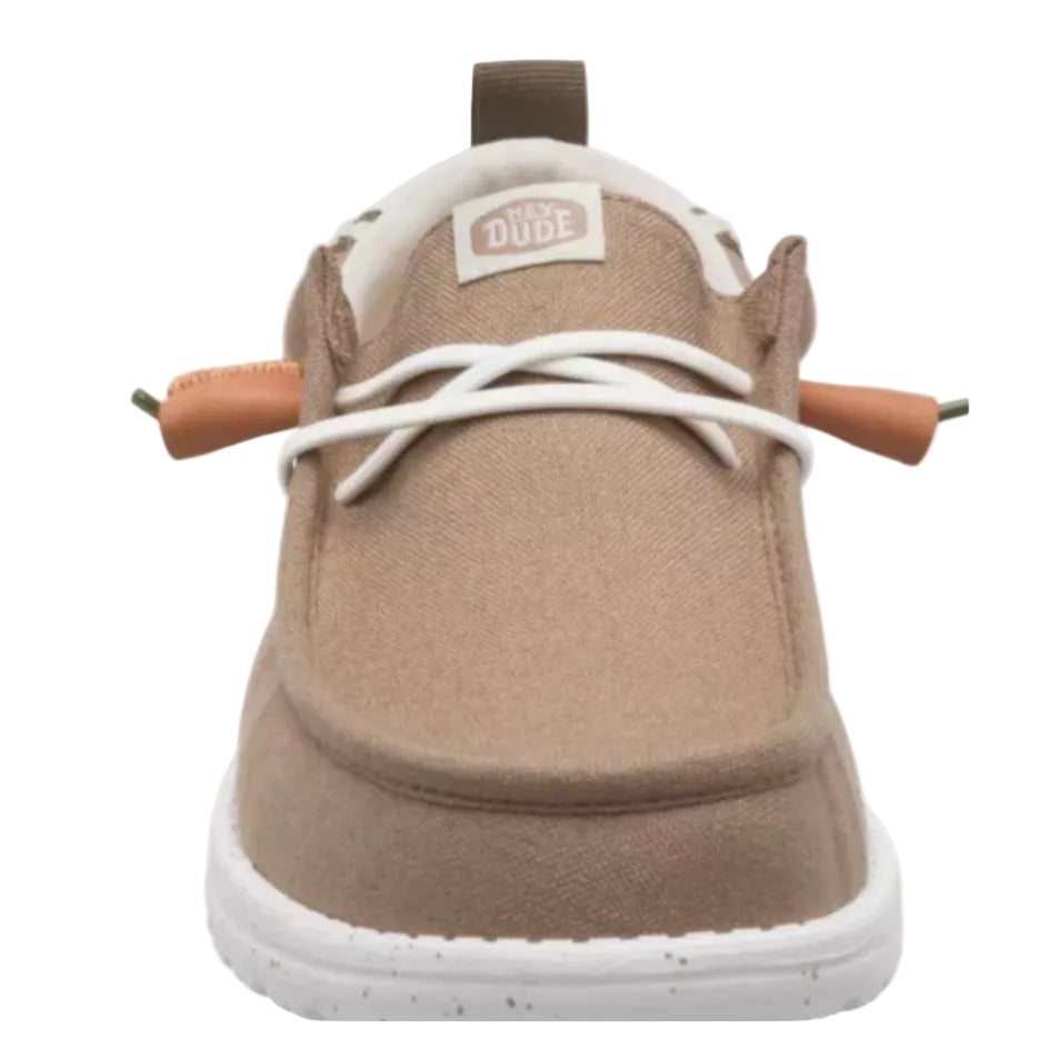 Brown shoe with white laces and a visible brand logo on a white background