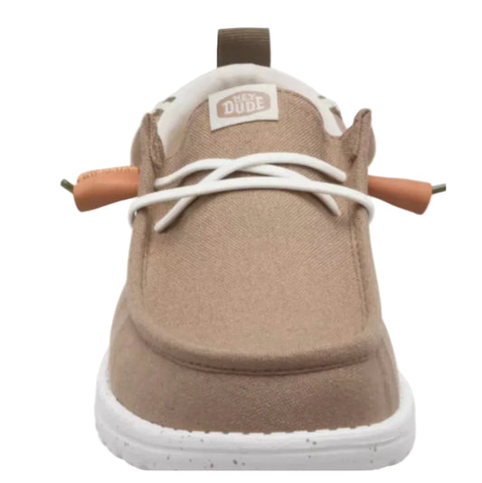 Brown shoe with white laces and a visible brand logo on a white background