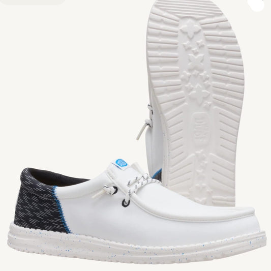 White shoe with black and blue accents on a white background
