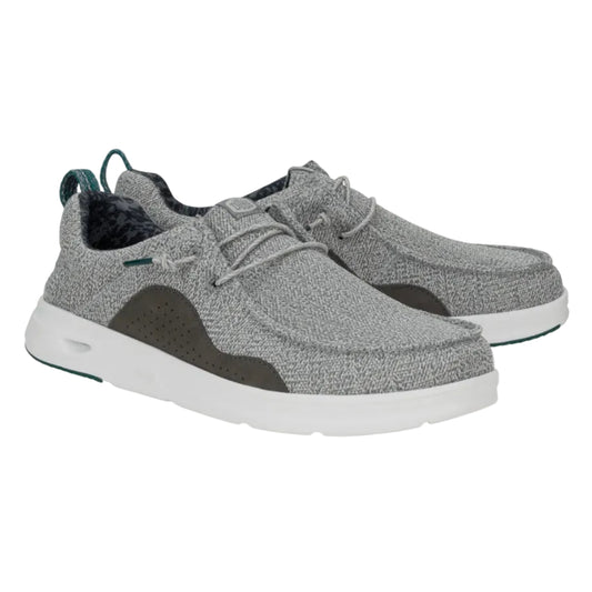 Pair of gray sneakers with white soles on a white background
