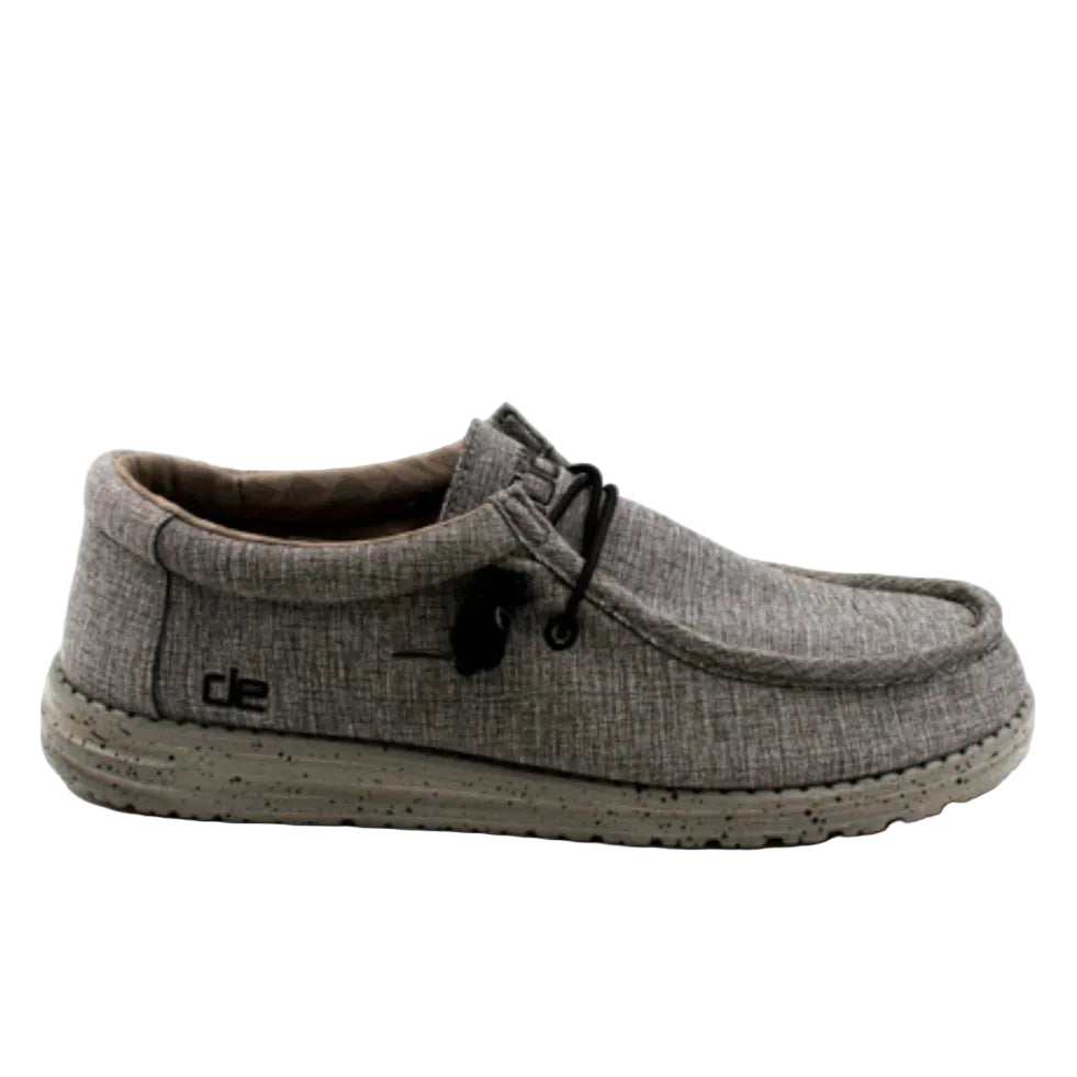 Gray slip-on shoe with a brand logo on a white background