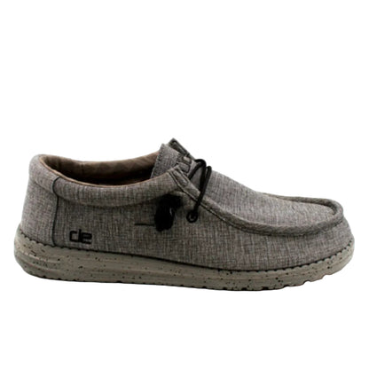 Gray slip-on shoe with a brand logo on a white background