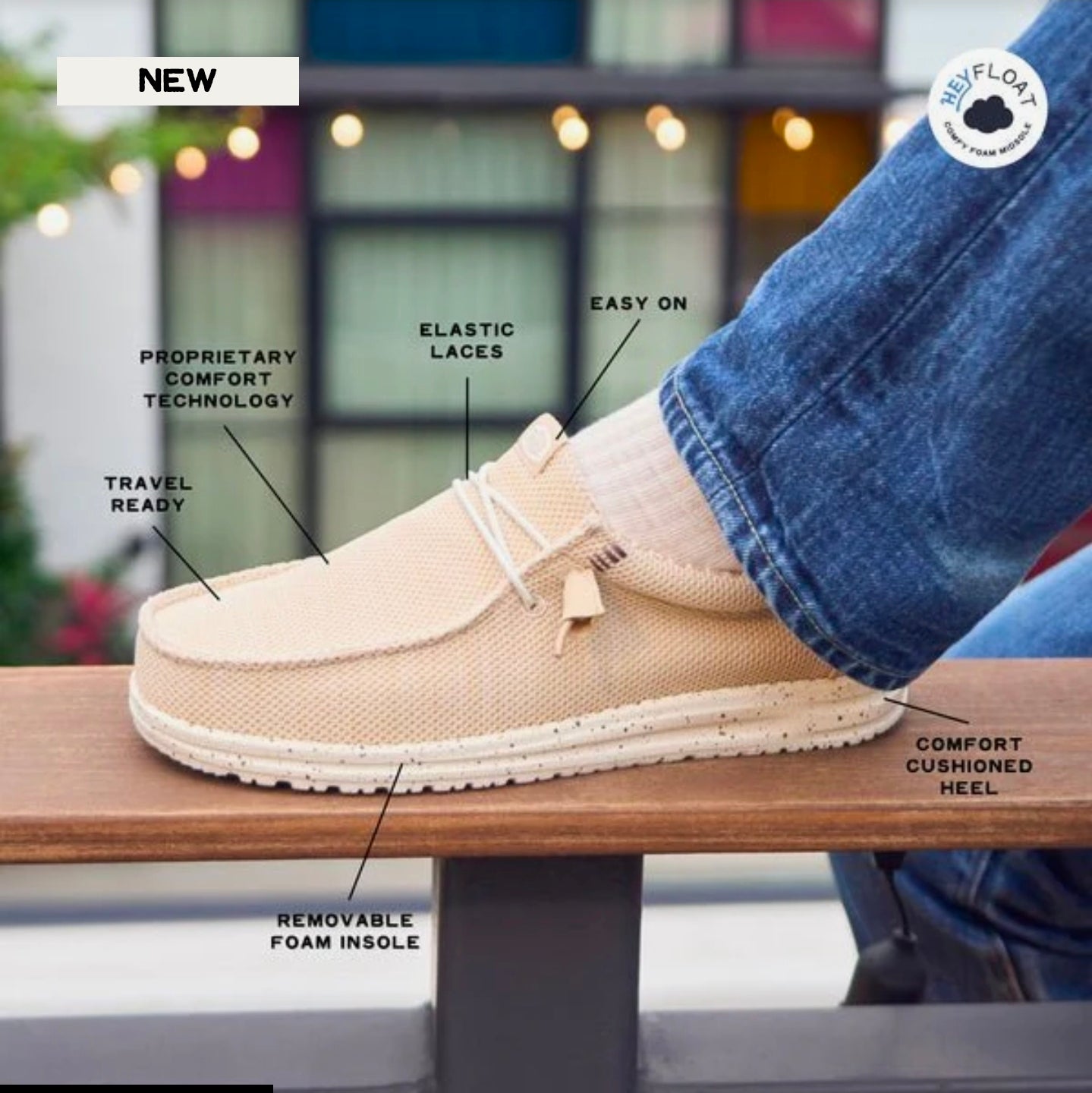 Beige shoe with features highlighted on a blurred background