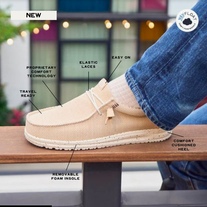 Beige shoe with features highlighted on a blurred background