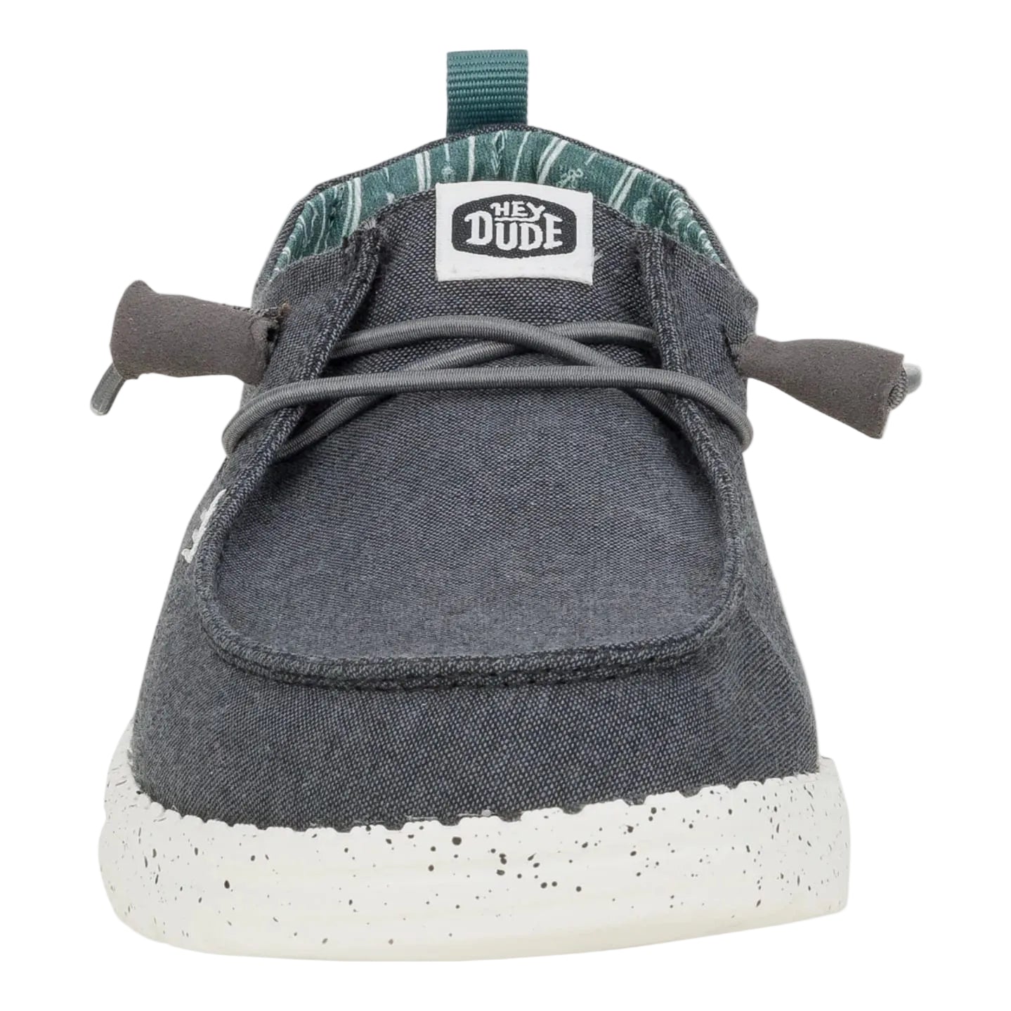 Gray sneaker with white sole and 'Hey Dude' logo on a white background