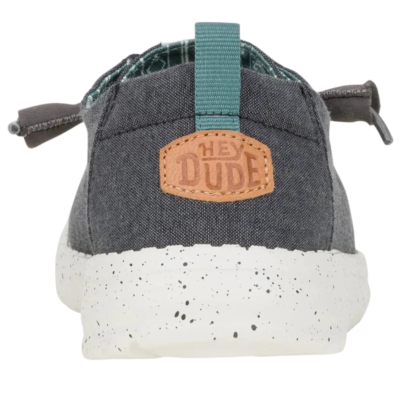 Gray shoe with a 'Hey Dude' patch on a white background