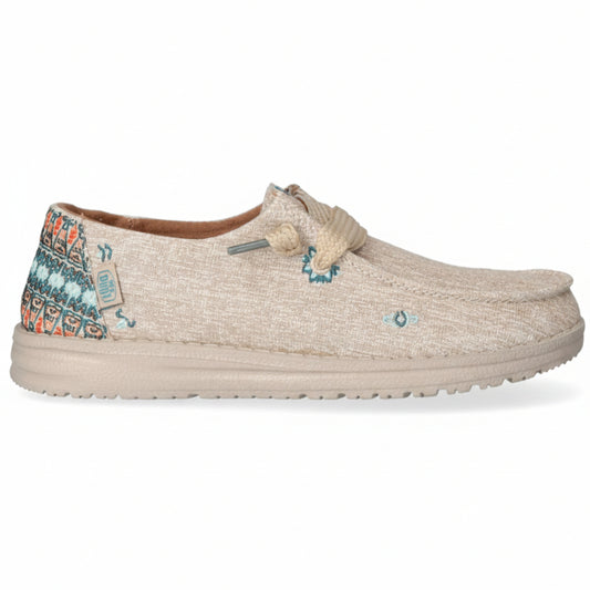 Beige shoe with colorful pattern on a white background