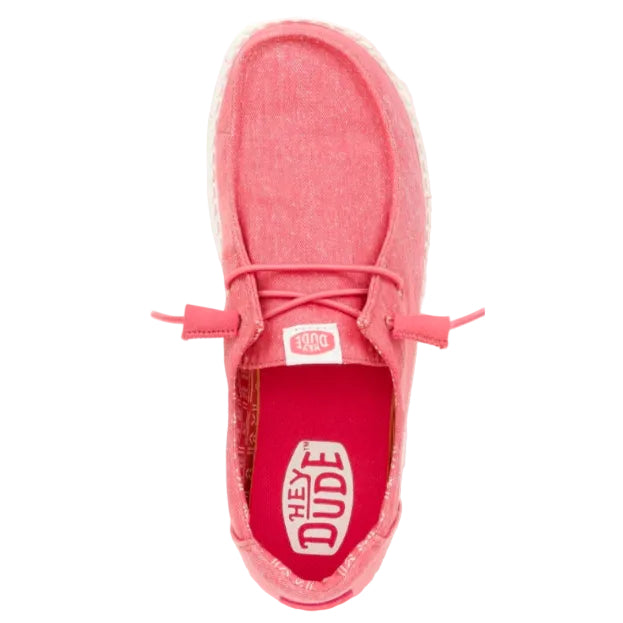 Pink shoe with 'Hey Dude' logo on a white background
