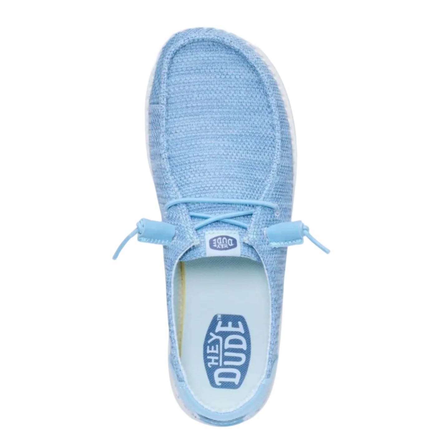 Light blue sneaker with 'Hey Dude' branding on a white background
