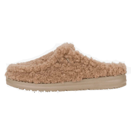 Beige slipper with fuzzy texture on a white background
