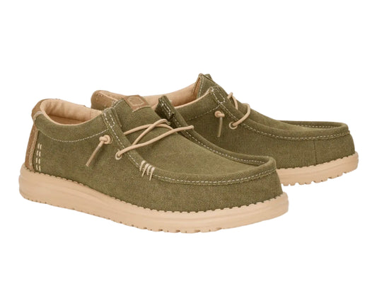 Pair of green casual shoes with beige soles on a white background