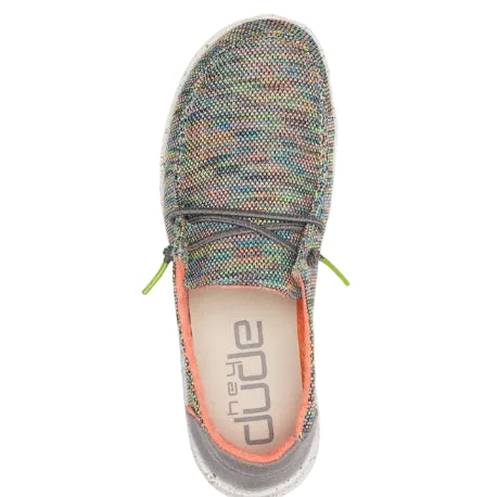 Multicolored knit shoe with 'Clarks' branding on a white background