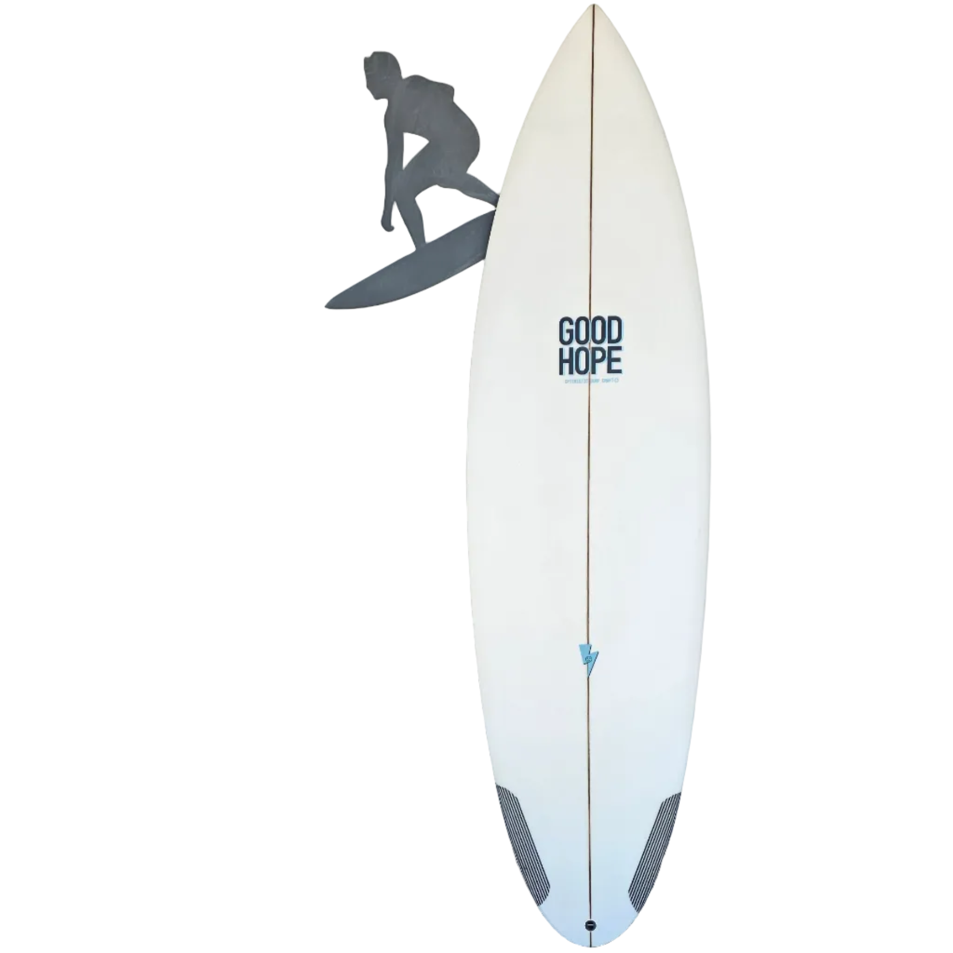 White surfboard with 'Good Hope' branding on a mat with 'Yzerfontein Surf Shop' logo.