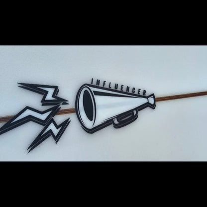 Black and white graphic design with a megaphone and lightning bolt on a white background